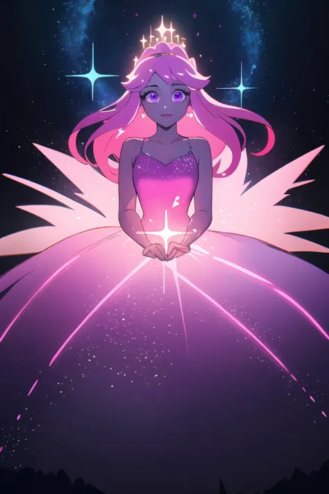 best quality, dark, cinematic film still, 8k, masterpiece, best quality, disney cartoon, beautiful disney princess wearing a magical sparkling dress, glowing purple and pink sparkles
