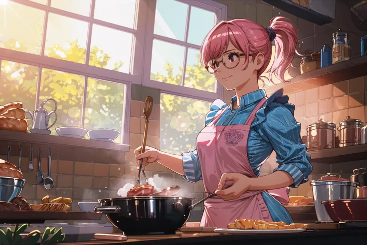 1girl in a kitchen, small breasts, wide hips, (apron), naked, pink hair, cooking, motion lines, smile, ((Realistic)),(Detailed Hair), Depth of Field, Ornate, Ominous, Intricate Details, Cinematic, 4K, 8K, NSFW, Cinematic Light, Backlighting, Volumetric Lighting, Ambient Occlusion, Chromatic Aberration, Ray Tracing, Highly Detailed, Anamorphic Lens Flare, Lens Flare, Bokeh, Cinematic DOF, Depth of Field, Focal Lens, detailed face, detailed pupils, intricate, detailed background, cooking, frying pan, wok, rimless eyewear, steak, soup, low ponytail, food, window, <lora:more_details:0.5>