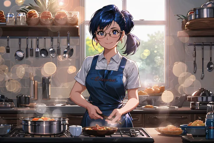 1girl in a kitchen, small breasts, wide hips, (apron), naked, dark blue hair, cooking, motion lines, smile, ((Realistic)),(Detailed Hair), Depth of Field, Ornate, Ominous, Intricate Details, Cinematic, 4K, 8K, NSFW, Cinematic Light, Backlighting, Volumetric Lighting, Ambient Occlusion, Chromatic Aberration, Ray Tracing, Highly Detailed, Anamorphic Lens Flare, Lens Flare, Bokeh, Cinematic DOF, Depth of Field, Focal Lens, detailed face, detailed pupils, intricate, detailed background, cooking, frying pan, wok, rimless eyewear, steak, soup, low ponytail, food, window, <lora:more_details:0.5>