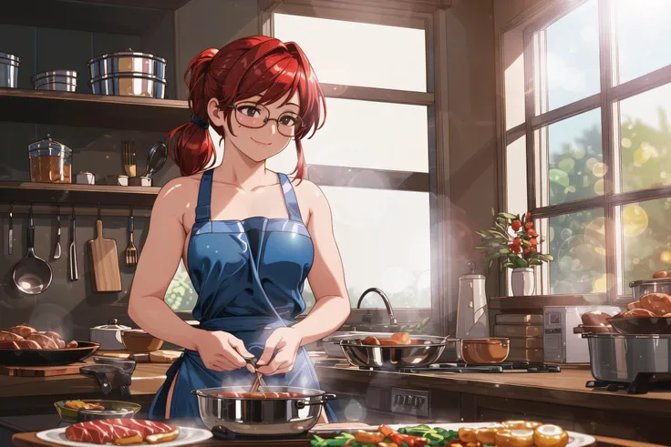 1girl in a kitchen, small breasts, wide hips, (apron), naked, red hair, cooking, motion lines, smile, ((Realistic)),(Detailed Hair), Depth of Field, Ornate, Ominous, Intricate Details, Cinematic, 4K, 8K, NSFW, Cinematic Light, Backlighting, Volumetric Lighting, Ambient Occlusion, Chromatic Aberration, Ray Tracing, Highly Detailed, Anamorphic Lens Flare, Lens Flare, Bokeh, Cinematic DOF, Depth of Field, Focal Lens, detailed face, detailed pupils, intricate, detailed background, cooking, frying pan, wok, rimless eyewear, steak, soup, low ponytail, food, window, <lora:more_details:0.5>