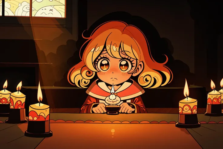 eye-level shot of a Chibi 1970'S, feeling very grateful, her hair is Brown, Panorama, Flustered, Candle light, F/1.8, sunbeam, (comics art stylized by Asaf Hanuka:0.9) , (Leanne Surfleet:1.2)