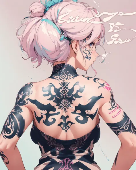 masterpiece:1.4, (best quality), (1girl:1.2, body covered in words, words on body:1.1, tattoos of (words) on body:1.3), medium breasts, unity 8k wallpaper, ultra detailed, (pastel colors:1.3), alluring pose, upper body, ass, beautiful and aesthetic, see-through (clothes), detailed, solo