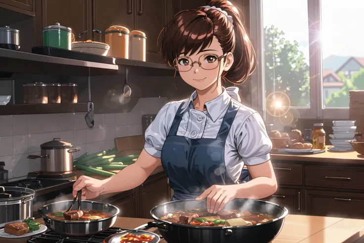 1girl in a kitchen, small breasts, wide hips, (apron), naked, light brown hair, cooking, motion lines, smile, ((Realistic)),(Detailed Hair), Depth of Field, Ornate, Ominous, Intricate Details, Cinematic, 4K, 8K, NSFW, Cinematic Light, Backlighting, Volumetric Lighting, Ambient Occlusion, Chromatic Aberration, Ray Tracing, Highly Detailed, Anamorphic Lens Flare, Lens Flare, Bokeh, Cinematic DOF, Depth of Field, Focal Lens, detailed face, detailed pupils, intricate, detailed background, cooking, frying pan, wok, rimless eyewear, steak, soup, low ponytail, food, window, <lora:more_details:0.5>