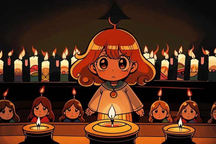 eye-level shot of a Chibi 1970'S, feeling very grateful, her hair is Brown, Panorama, Flustered, Candle light, F/1.8, sunbeam, (comics art stylized by Asaf Hanuka:0.9) , (Leanne Surfleet:1.2)