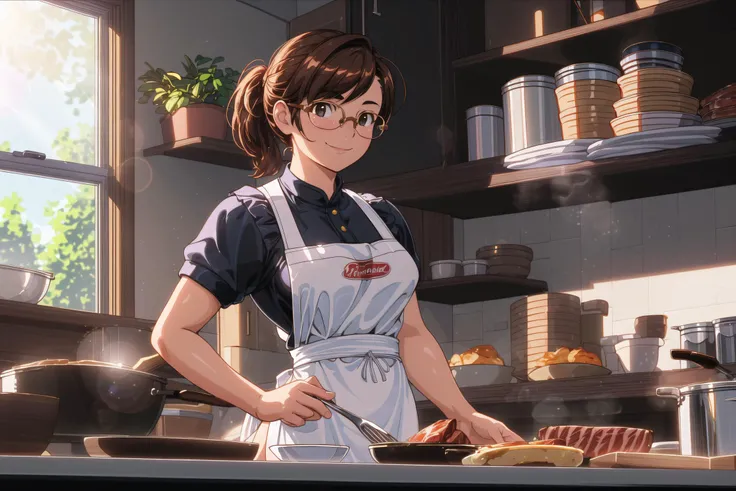 1girl in a kitchen, small breasts, wide hips, (apron), naked, light brown hair, cooking, motion lines, smile, ((Realistic)),(Detailed Hair), Depth of Field, Ornate, Ominous, Intricate Details, Cinematic, 4K, 8K, NSFW, Cinematic Light, Backlighting, Volumetric Lighting, Ambient Occlusion, Chromatic Aberration, Ray Tracing, Highly Detailed, Anamorphic Lens Flare, Lens Flare, Bokeh, Cinematic DOF, Depth of Field, Focal Lens, detailed face, detailed pupils, intricate, detailed background, cooking, frying pan, wok, rimless eyewear, steak, soup, low ponytail, food, window, <lora:more_details:0.5>