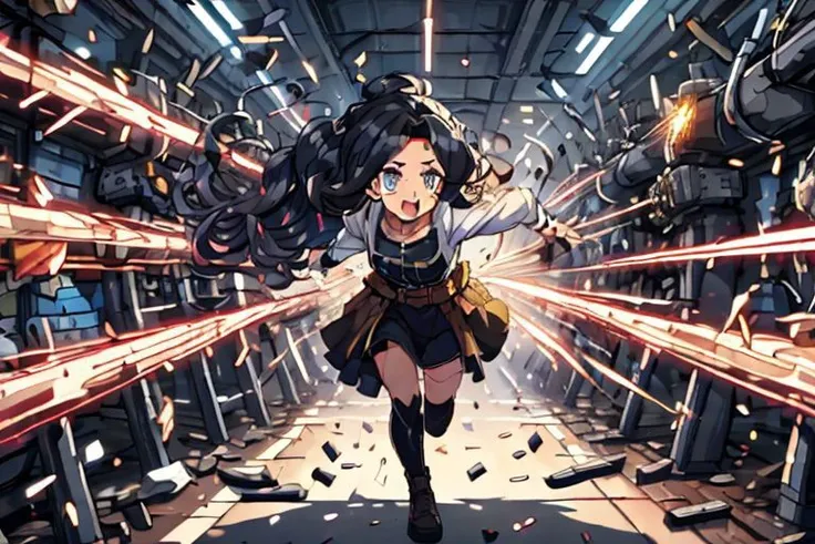 high quality, detailed face, anime, best quality, masterpiece, 4k, 8k, absurd resolution, cinematic lights, intricate detail, detailed hands, detailed eyes, animation, illustration, extremely detailed, detailed background, perfect eyes, perfect face, (black hair), (curly hair),<lora:neg4all_bdsqlsz_V3.5:0.6>, <lora:a_line_hairstyle:0.4> a_line_haircut, a line haircut, (long hair:1.3), <lora:tareme_eyes:1> tareme eyes, (gradient hazel eyes:1.4), 1girl, <lora:curly_hair_slider_v11:2>, pale skin, <lora:neg_bdsqlsz_V2:1>, <lora:middle_parting_hairstyle:0.4> middle_parting_hairstyle, (middle parting hairstyle:1.4), <lora:avoidBeam:0.6> firing, laser, explosions, fire sparks, energy beams, open mouth, full body, running, action, dynamic, glowing, prettify, shooting, shoots impacts,