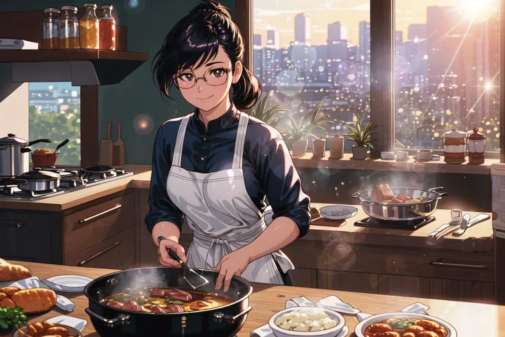 1girl in a kitchen, small breasts, wide hips, (apron), naked, black hair, cooking, motion lines, smile, ((Realistic)),(Detailed Hair), Depth of Field, Ornate, Ominous, Intricate Details, Cinematic, 4K, 8K, NSFW, Cinematic Light, Backlighting, Volumetric Lighting, Ambient Occlusion, Chromatic Aberration, Ray Tracing, Highly Detailed, Anamorphic Lens Flare, Lens Flare, Bokeh, Cinematic DOF, Depth of Field, Focal Lens, detailed face, detailed pupils, intricate, detailed background, cooking, frying pan, wok, rimless eyewear, steak, soup, low ponytail, food, window, <lora:more_details:0.5>