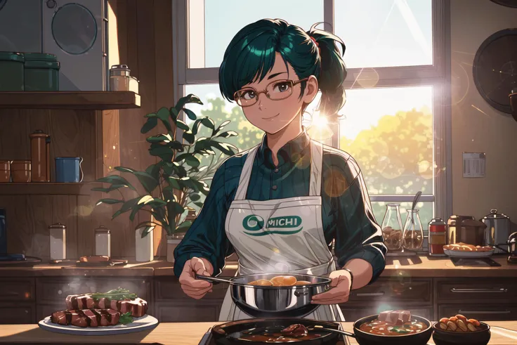 1girl in a kitchen, small breasts, wide hips, (apron), naked, dark green hair, cooking, motion lines, smile, ((Realistic)),(Detailed Hair), Depth of Field, Ornate, Ominous, Intricate Details, Cinematic, 4K, 8K, NSFW, Cinematic Light, Backlighting, Volumetric Lighting, Ambient Occlusion, Chromatic Aberration, Ray Tracing, Highly Detailed, Anamorphic Lens Flare, Lens Flare, Bokeh, Cinematic DOF, Depth of Field, Focal Lens, detailed face, detailed pupils, intricate, detailed background, cooking, frying pan, wok, rimless eyewear, steak, soup, low ponytail, food, window, <lora:more_details:0.5>