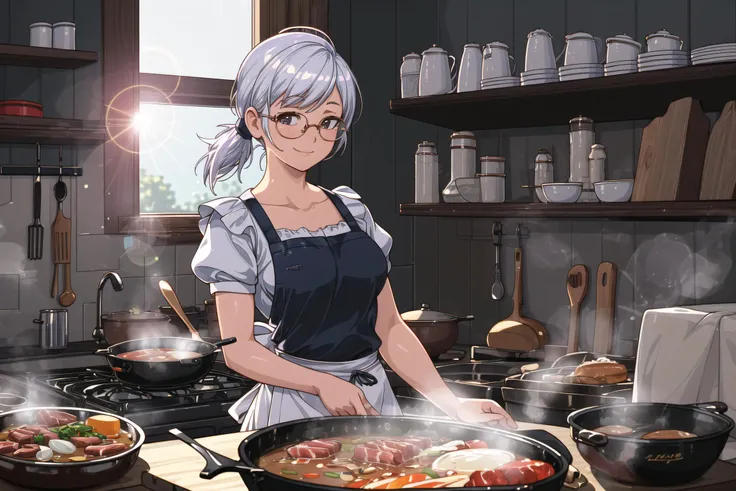 1girl in a kitchen, small breasts, wide hips, (apron), naked, white hair, cooking, motion lines, smile, ((Realistic)),(Detailed Hair), Depth of Field, Ornate, Ominous, Intricate Details, Cinematic, 4K, 8K, NSFW, Cinematic Light, Backlighting, Volumetric Lighting, Ambient Occlusion, Chromatic Aberration, Ray Tracing, Highly Detailed, Anamorphic Lens Flare, Lens Flare, Bokeh, Cinematic DOF, Depth of Field, Focal Lens, detailed face, detailed pupils, intricate, detailed background, cooking, frying pan, wok, rimless eyewear, steak, soup, low ponytail, food, window, <lora:more_details:0.5>