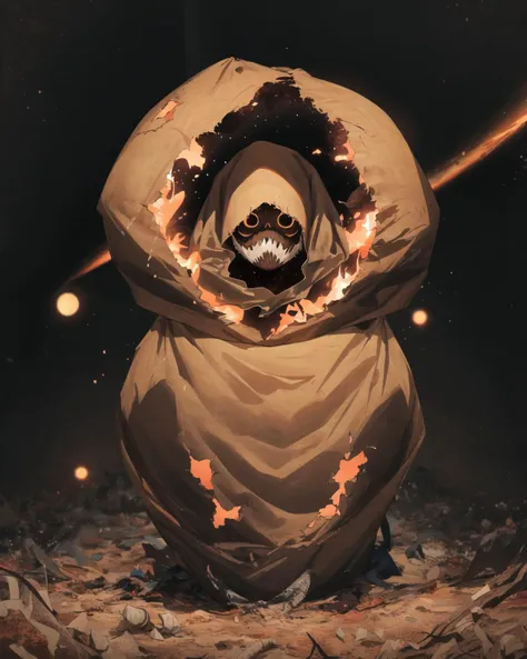 Ominous scarecrow Masterpiece, Best Quality, a girl , 8k, UHD, HDR . Burlap sack stained dark from horrors it has witnessed, stillness concealing unspeakable threat, empty black hole with glimpse of maggot-swarmed hollowness within