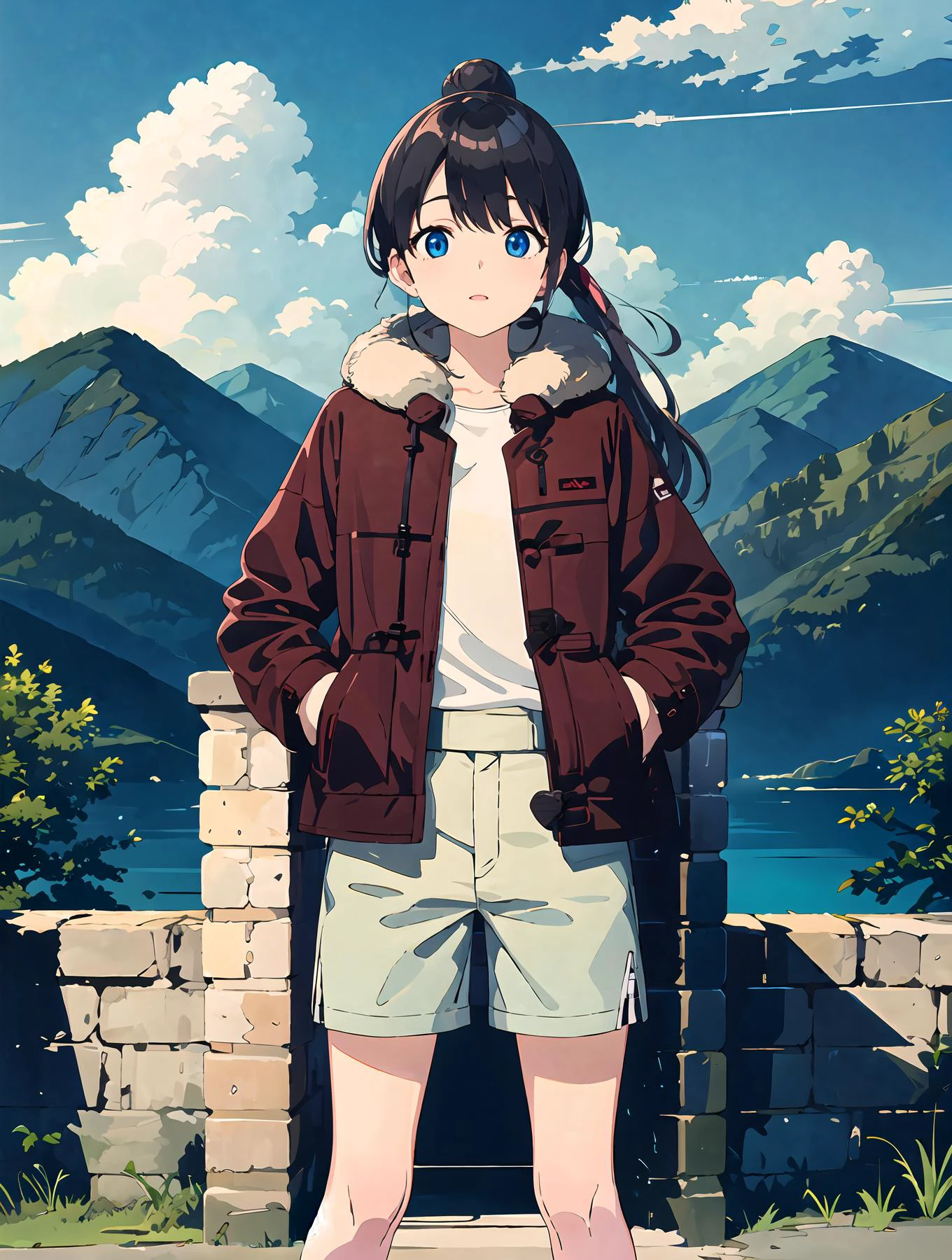 castle,
AND 1girl, coat, shorts, long hair,