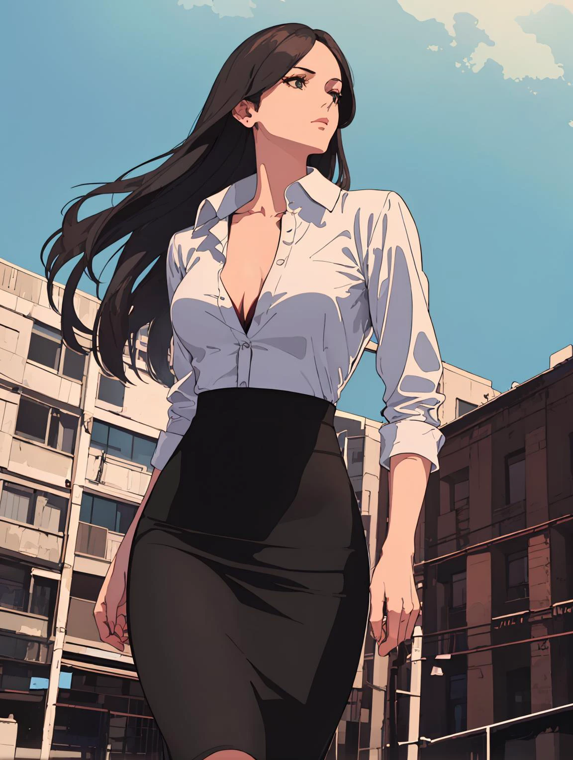 (best quality, realistic, masterpiece: 1.2), 1lady, (unbuttoned:1.2), dynamic pose, floating hair, long hair, big breast, (tight dress shirt:1.2), ((high waist long black skirt:1.2)), long leather coat, ((view from below)), dramatic light