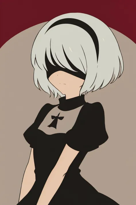 anime minimalist, 1girl, solo, , yorha no. 2 type b, black blindfold, black dress, black hairband, white hair,