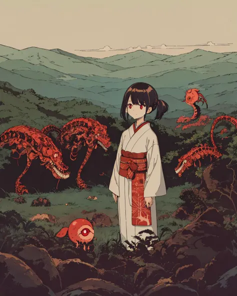 (1 girl:1.2), solo, himecut,traditional japanese clothes,looking afar, red eyes,standing,cartoon style, joe fenton, a black and white photo of deadpan, camping, unbecoming, gnawling, envy, Ghast (Lovecraftian),calm, soft smile, Wayne Barlowe,