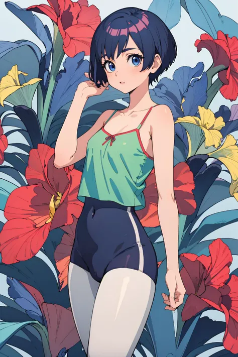 woman (camisole:1.2) and leggings, cameltoe, pixie cut, Iris on background, (masterpiece, high quality, highres, official wallpaper, official art,:1.1)
