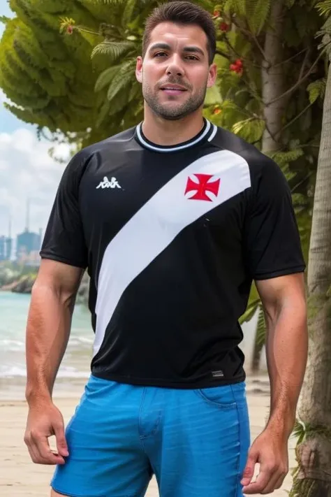 man wearing vasco jersey, vascojersey, red maltese cross, at the (city | beach | forest ), (denim pants | black shorts ), masterpiece, highres, absurdres, perfect face, detailed eyes, detailed face, artstation, stanley artgerm, excellent rendition <lora:Vasco4:0.88>