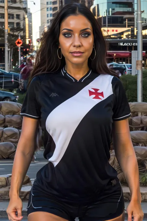 latina woman wearing vasco jersey, vascojersey, red maltese cross, at the city, black shorts, masterpiece, highres, absurdres, perfect face, detailed eyes, detailed face, artstation, stanley artgerm, excellent rendition <lora:Vasco4:0.86> <lora:LowRA:0.1> <lora:insta_baddies_v1:0.5>