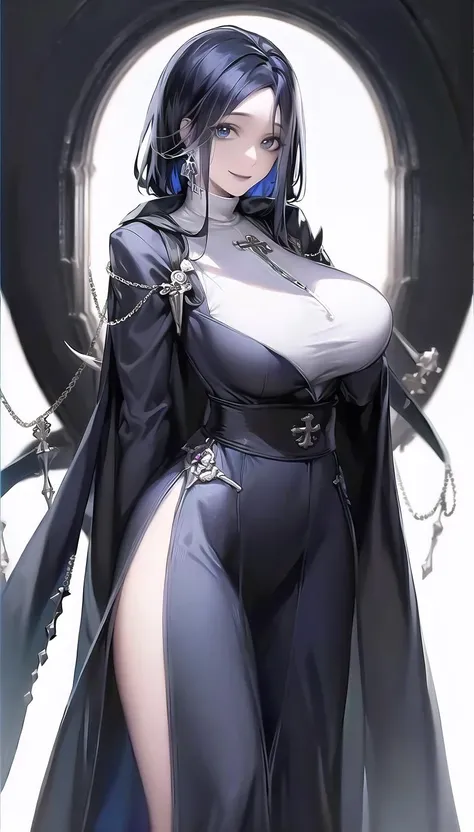 smile,
(cassock:1.28),
lady,mature female, cowboy shot,
(white background,simple background:1.18),
highres,official art,original,masterpiece,best quality,
(huge breasts:0.9),
<lora:Adela:0.8>