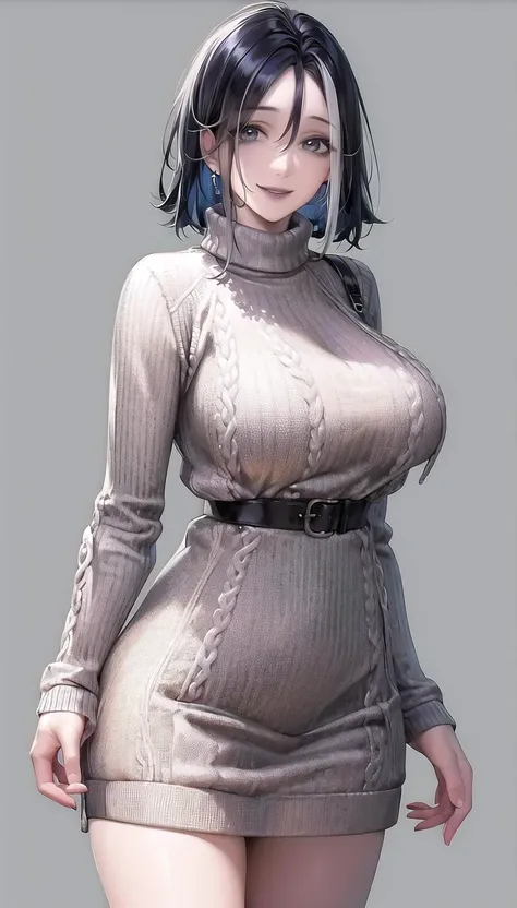 smile, 
(sweater:1.28),
lady,mature female, cowboy shot,
(white background,simple background:1.18),
highres,official art,original,masterpiece,best quality,
(huge breasts:0.9),
 <lora:Adela:0.8>