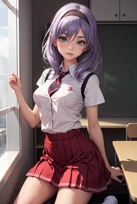 (masterpiece, best quality), 1girl,   <lora:Ayazuki Haruka(hsr):0.8> Ayazuki Haruka, long hair,light purple hair,black hairband,hair intakes,hair between eyes,bangs,aqua eyes, school uniform,sweater vest,red necktie,collared shirt,white shirt,puffy short sleeves,large breasts,underbust,red skirt,pleated skirt,black pantyhose,loafers, (petite:1.3)