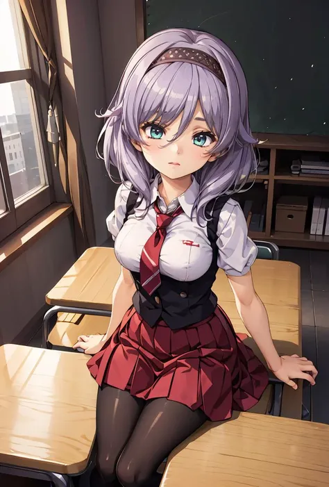 (masterpiece, best quality), 1girl, <lora:Ayazuki Haruka(hsr):0.8> Ayazuki Haruka, long hair,light purple hair,black hairband,hair intakes,hair between eyes,bangs,aqua eyes, school uniform,sweater vest,red necktie,collared shirt,white shirt,puffy short sleeves,large breasts,underbust,red skirt,pleated skirt,black pantyhose,loafers, (petite:1.3)