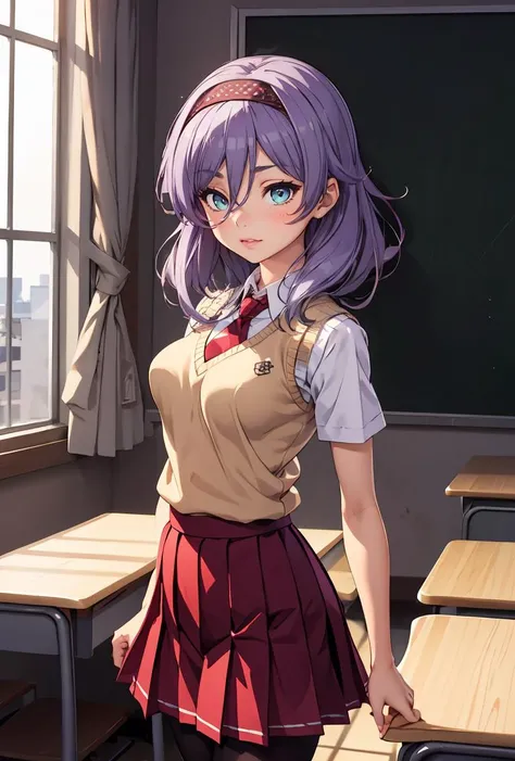(masterpiece, best quality), 1girl,   <lora:Ayazuki Haruka(hsr):0.8> Ayazuki Haruka, long hair,light purple hair,black hairband,hair intakes,hair between eyes,bangs,aqua eyes, school uniform,sweater vest,red necktie,collared shirt,white shirt,puffy short sleeves,large breasts,underbust,red skirt,pleated skirt,black pantyhose,loafers, (petite:1.3)