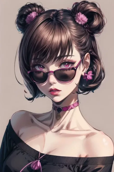 An illustration of a young woman wearing fuchsia sunglasses with hair on her face and with ears, in the style of film noir aesthetic, anime aesthetic, I can't believe how beautiful this is, dark bronze and periwinkle, monochromatic minimalist portraits, pop art sensibilities, animated gifs,<lora:add_detail:1>