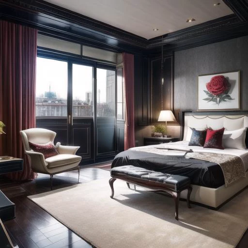 Minimal brutalist penthouse of artist, in paris designed in huge magnificent space in the style of winter palace, inspired in W hotel in Shanghai, Modern art studio space, dreamy, interior design awarded, master bedroomï¼bold architecture, lots of roses, luxurious, contrast of modern and barroque, in the style of architectural digest, silk, satin, modern mid century furniture, beautiful cityviews, open concept, design elements, and, flowy fabrics, sunny day, extremely detailed, intricate details, film photography by Julius Shulman,<lora:add_detail:1>