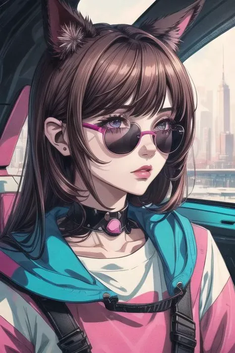 An illustration of a young woman wearing fuchsia sunglasses with hair on her face and with ears, in the style of film noir aesthetic, anime aesthetic, I can't believe how beautiful this is, dark bronze and periwinkle, monochromatic minimalist portraits, pop art sensibilities, animated gifs,<lora:add_detail:1>