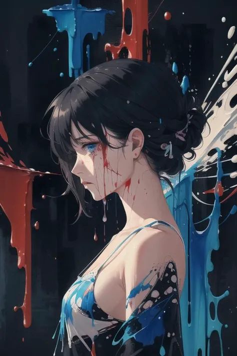 masterpiece,best quality,ultra high res,(abstract art:1.4),bleeding blue,blue theme,visually stunning,beautiful,evocative,emotional,(side view of a woman bleeding paint),crying paint,looking at viewer,