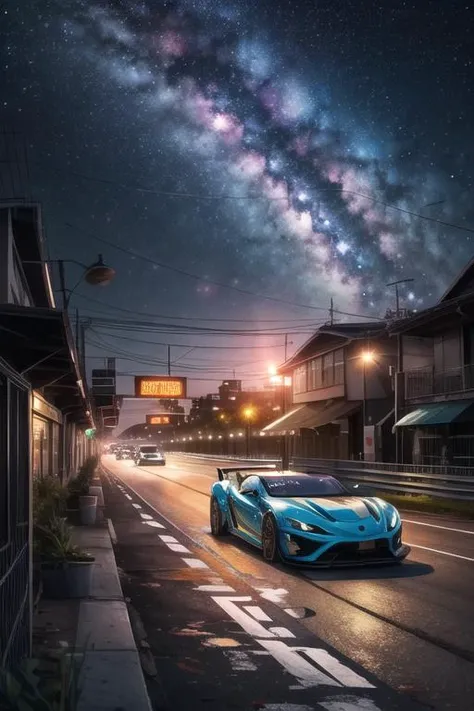 ancient rundown futurustic highway at night with nebula stars, and a hight tech neon sports car racing in water,<lora:add_detail:1>