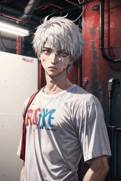 realistic, male focus, messy white hair, piercing red eyes, upper body, white shirt splattered with neon paint, industrial setting, surrealistic vibe,<lora:add_detail:1>