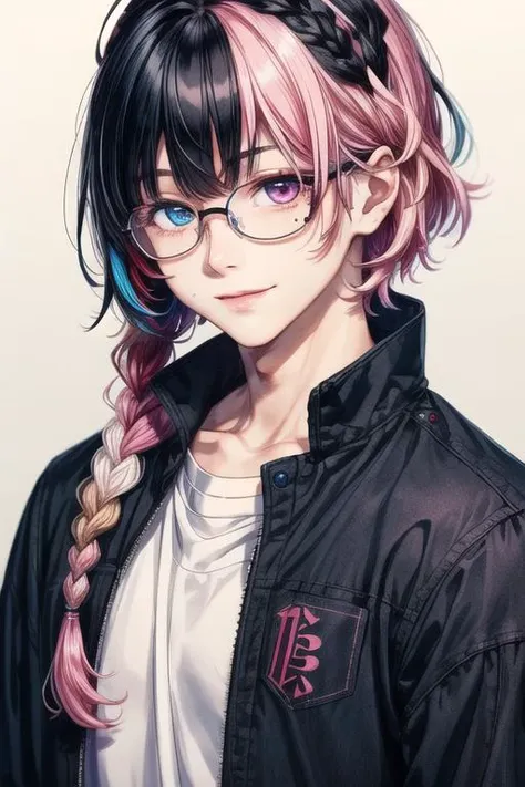 , ultra detailed, masterpiece, Golden ratio,
(solo:1.3), smile, 1boy, Otoko no ko,trap,
(heterochromia, blue eyes, pink eyes:1.3), mole under eye, eyelashes, glasses, 
medium hair, multicolored hair, pink hair, black hair, long sidelocks, bangs, hair flaps, side braid, hair between eyes, flipped hair, x hair ornament,
layered clothes,<lora:add_detail:1>