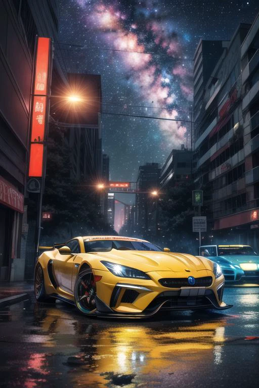ancient rundown futurustic highway at night with nebula stars, and a hight tech neon sports car racing in water,<lora:add_detail:1>