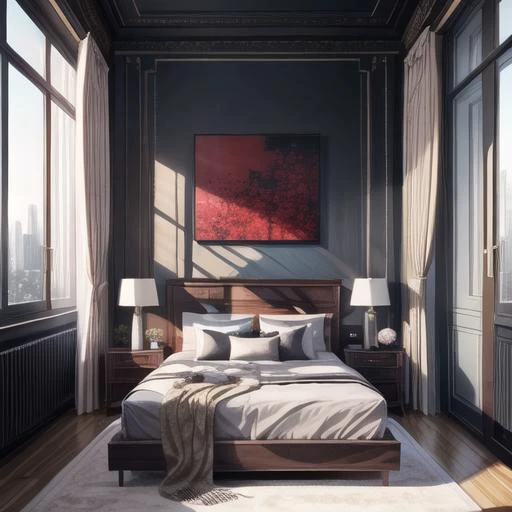 Minimal brutalist penthouse of artist, in paris designed in huge magnificent space in the style of winter palace, inspired in W hotel in Shanghai, Modern art studio space, dreamy, interior design awarded, master bedroomï¼bold architecture, lots of roses, luxurious, contrast of modern and barroque, in the style of architectural digest, silk, satin, modern mid century furniture, beautiful cityviews, open concept, design elements, and, flowy fabrics, sunny day, extremely detailed, intricate details, film photography by Julius Shulman,<lora:add_detail:1>