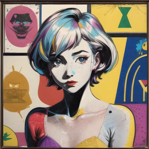 Pop Art Portrait, half-body, Colorful, graphic, Morning, in the style of Andy Warhol, Roy Lichtenstein, Robert Rauschenberg, Jasper Johns, Keith Haring,<lora:add_detail:1>