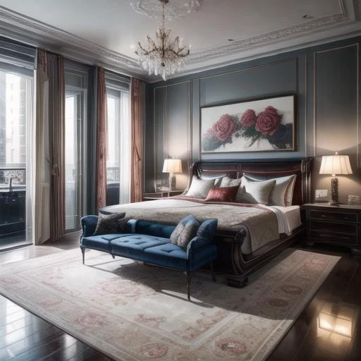 Minimal brutalist penthouse of artist, in paris designed in huge magnificent space in the style of winter palace, inspired in W hotel in Shanghai, Modern art studio space, dreamy, interior design awarded, master bedroomï¼bold architecture, lots of roses, luxurious, contrast of modern and barroque, in the style of architectural digest, silk, satin, modern mid century furniture, beautiful cityviews, open concept, design elements, and, flowy fabrics, sunny day, extremely detailed, intricate details, film photography by Julius Shulman,<lora:add_detail:1>