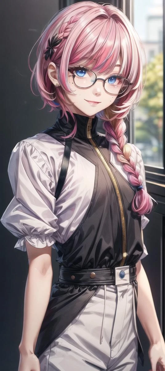 , ultra detailed, masterpiece, Golden ratio,
(solo:1.3), smile, 1boy, Otoko no ko,trap,
(heterochromia, blue eyes, pink eyes:1.3), mole under eye, eyelashes, glasses, 
medium hair, multicolored hair, pink hair, black hair, long sidelocks, bangs, hair flaps, side braid, hair between eyes, flipped hair, x hair ornament,
layered clothes,<lora:add_detail:1>