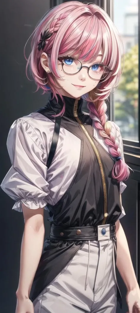 , ultra detailed, masterpiece, Golden ratio,
(solo:1.3), smile, 1boy, Otoko no ko,trap,
(heterochromia, blue eyes, pink eyes:1.3), mole under eye, eyelashes, glasses, 
medium hair, multicolored hair, pink hair, black hair, long sidelocks, bangs, hair flaps, side braid, hair between eyes, flipped hair, x hair ornament,
layered clothes,<lora:add_detail:1>