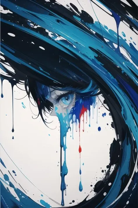 masterpiece,best quality,ultra high res,(abstract art:1.4),bleeding blue,blue theme,visually stunning,beautiful,evocative,emotional,(side view of a woman bleeding paint),crying paint,looking at viewer,