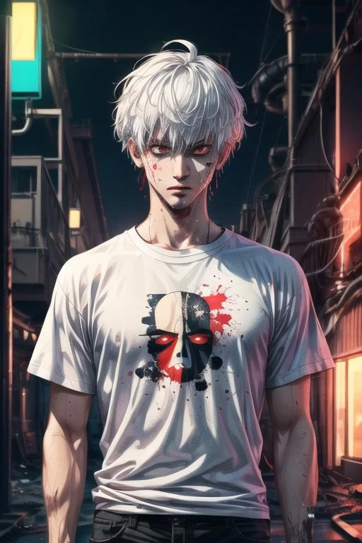 realistic, male focus, messy white hair, piercing red eyes, upper body, white shirt splattered with neon paint, industrial setting, surrealistic vibe,<lora:add_detail:1>