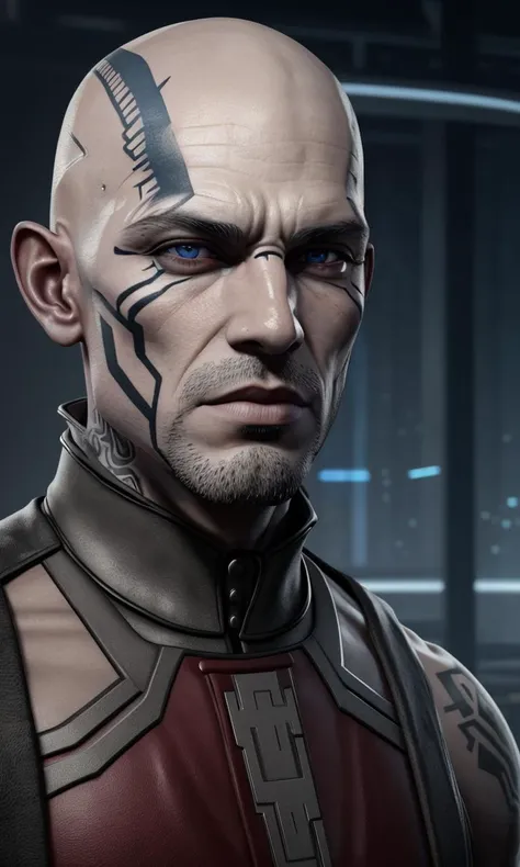 closeup, Rattataki2023, 1 man, face tattoo, bald, grey skin, 8k, uhd, best quality, trending on arstation, photorealistic, masterpiece, raw image, skin pores, detailed skin, grey eyes, pale blue skin, tribal face markings, hook nose, evil emperor, muscular man