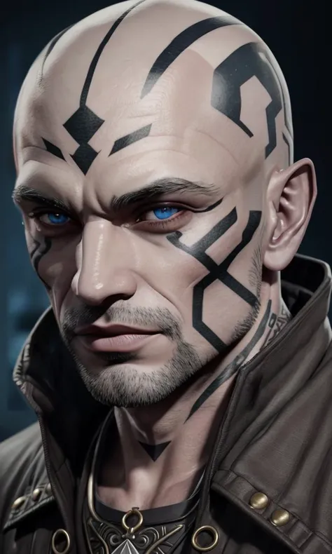 Very muscular man, com um olho na testa, baldie, baldie relusente, blond eyelashes, dirty with mud, ashen skin, place of lama, land, dust 3D illustration, high qualiy, realistic and highly detailed,