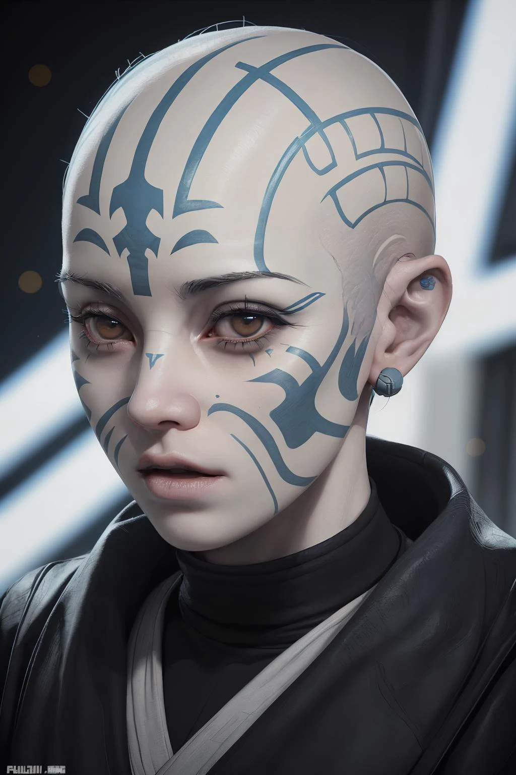 1girl, <lora:Rattataki2023:0.6>, pale blue skin, bald, tribal face markings, star wars pod racing