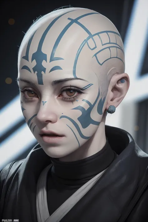 1girl,   <lora:Rattataki2023:0.6>, pale blue skin, bald, tribal face markings, star wars pod racing