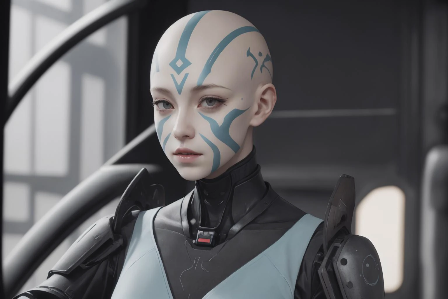 1girl, <lora:Rattataki2023:0.6>, pale blue skin, bald, tribal face markings, sci-fi mecha pilot