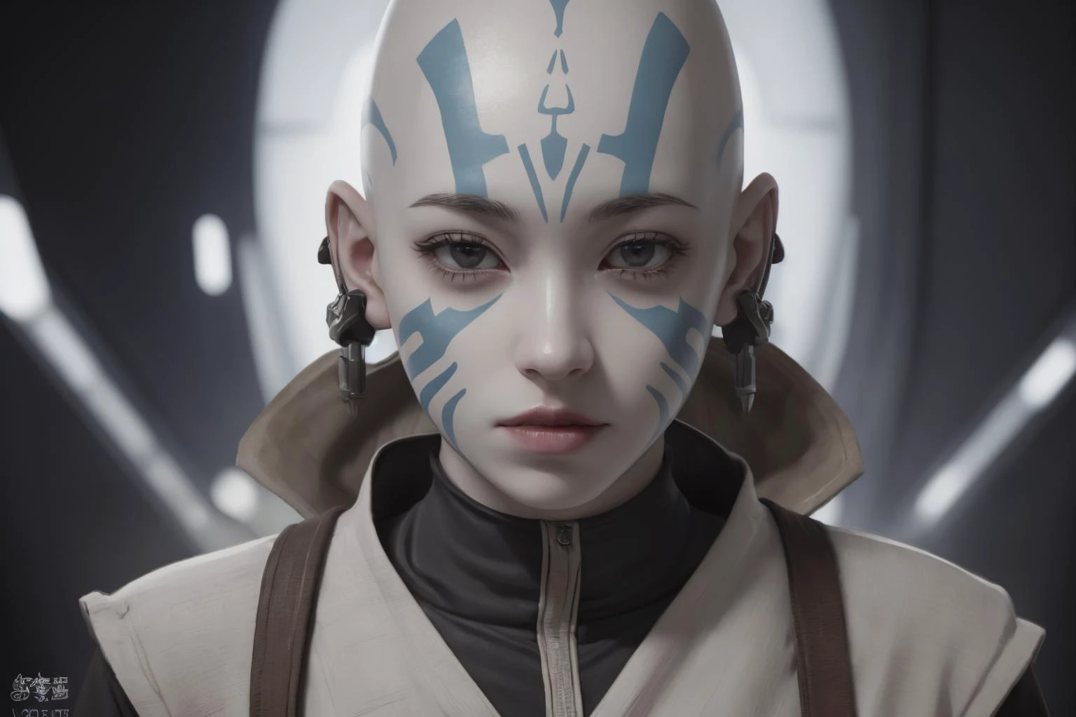 1girl, <lora:Rattataki2023:0.6>, pale blue skin, bald, tribal face markings, star wars pod racing