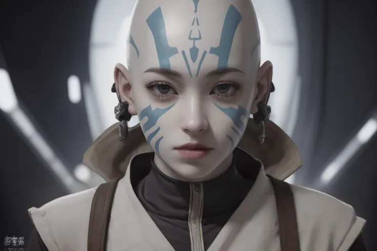 1girl,   <lora:Rattataki2023:0.6>, pale blue skin, bald, tribal face markings, star wars pod racing