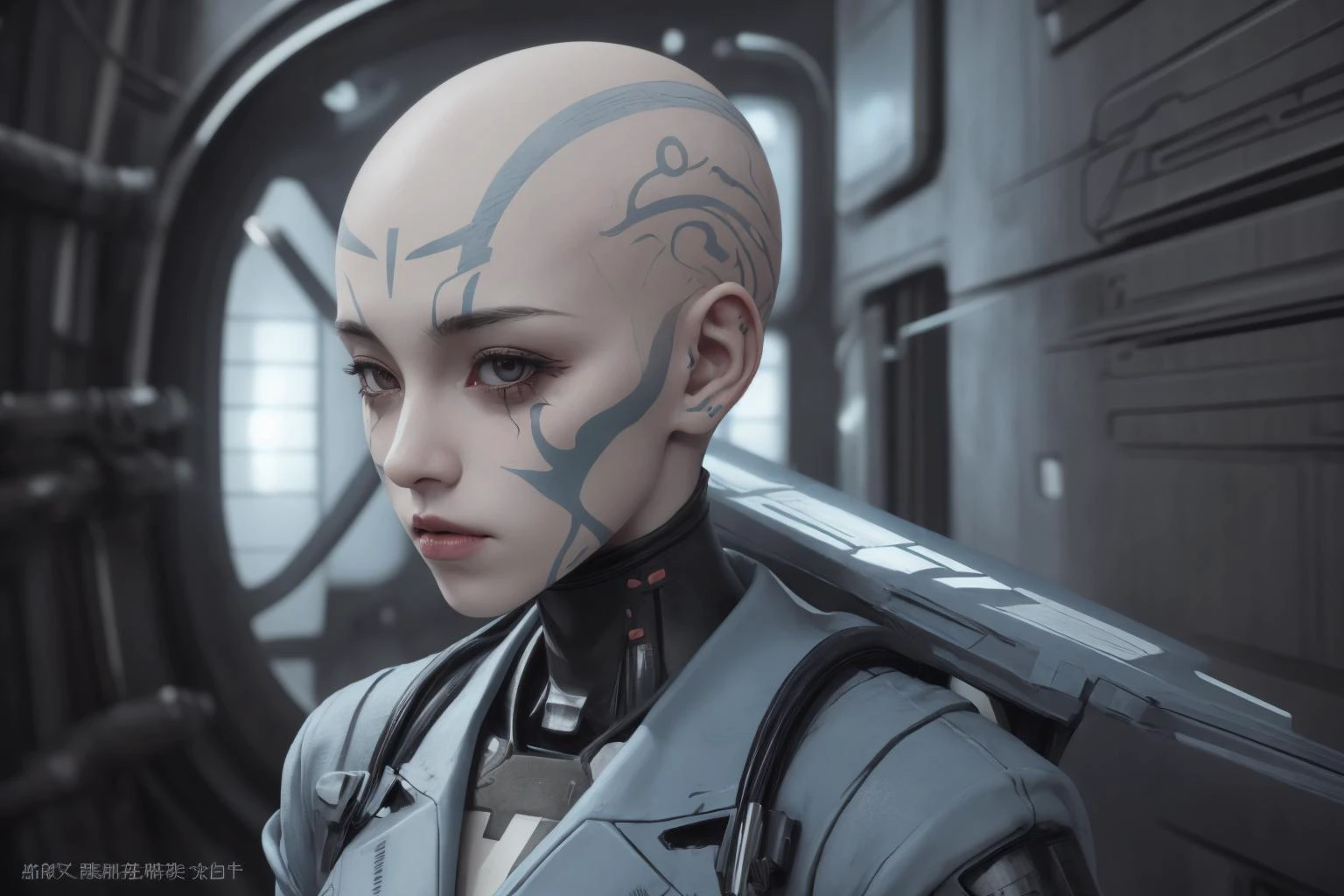 1girl, <lora:Rattataki2023:0.6>, pale blue skin, bald, tribal face markings, sci-fi mecha pilot