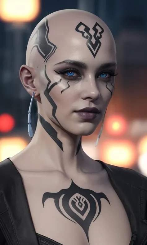 closeup, Rattataki2023, face tattoo, bald, grey skin, 1girl, mascara, storm trooper, 8k, uhd, best quality, trending on arstation, photorealistic, masterpiece, raw image, skin pores, detailed skin, grey eyes, pale blue skin, tribal face markings